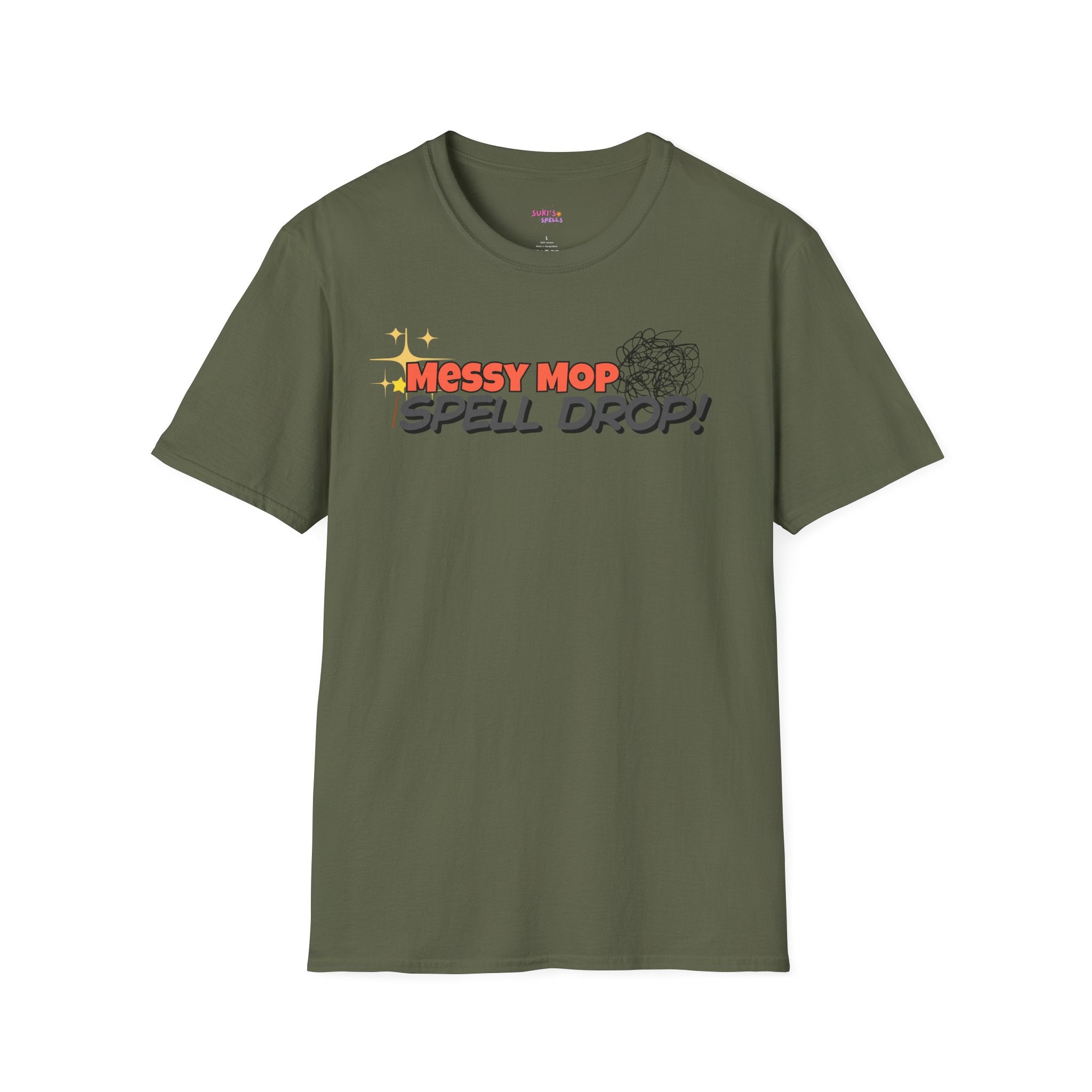 Messy Mop Spell Drop T-Shirt, Fun Graphic Tee, Casual Wear, Gift for Friends, Unique Summer Style, Everyday Comfort