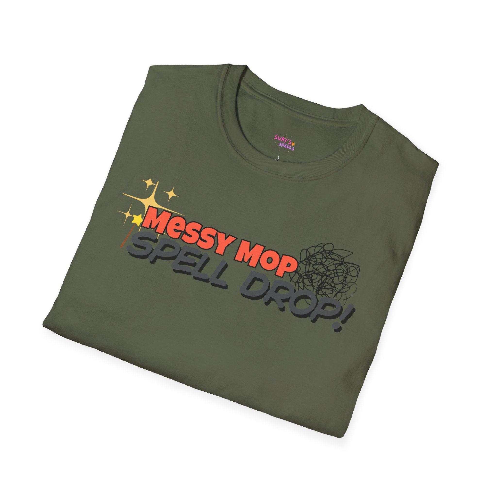 Messy Mop Spell Drop T-Shirt, Fun Graphic Tee, Casual Wear, Gift for Friends, Unique Summer Style, Everyday Comfort