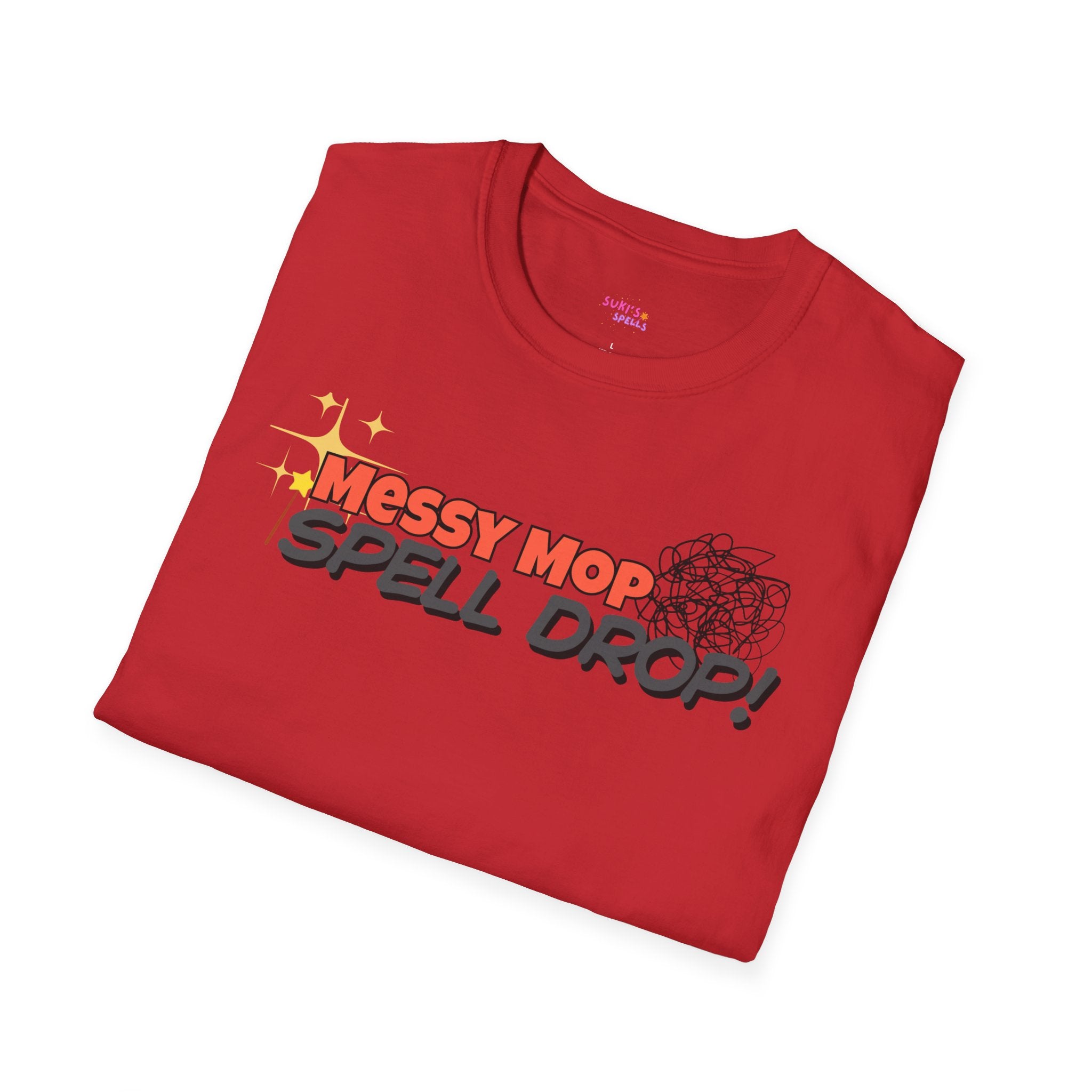 Messy Mop Spell Drop T-Shirt, Fun Graphic Tee, Casual Wear, Gift for Friends, Unique Summer Style, Everyday Comfort