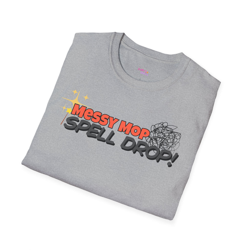 Messy Mop Spell Drop T-Shirt, Fun Graphic Tee, Casual Wear, Gift for Friends, Unique Summer Style, Everyday Comfort