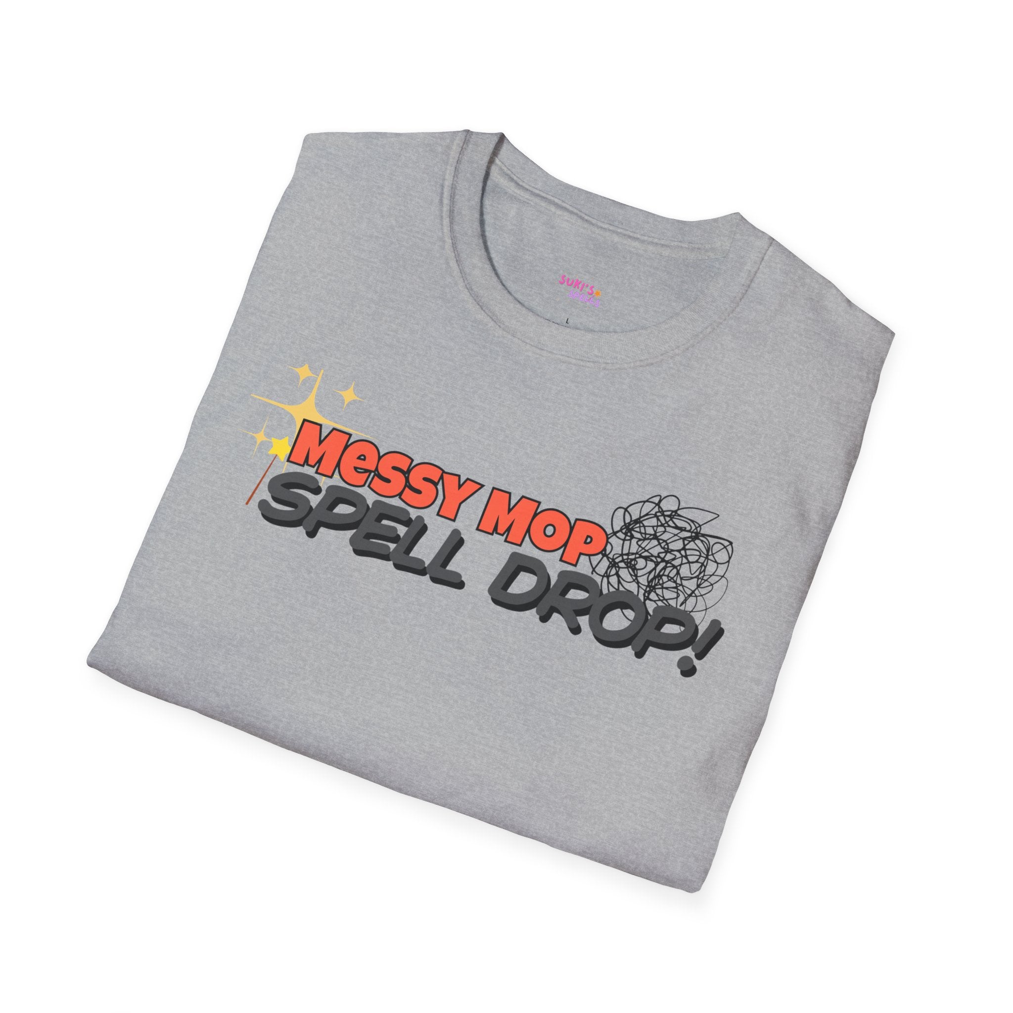 Messy Mop Spell Drop T-Shirt, Fun Graphic Tee, Casual Wear, Gift for Friends, Unique Summer Style, Everyday Comfort