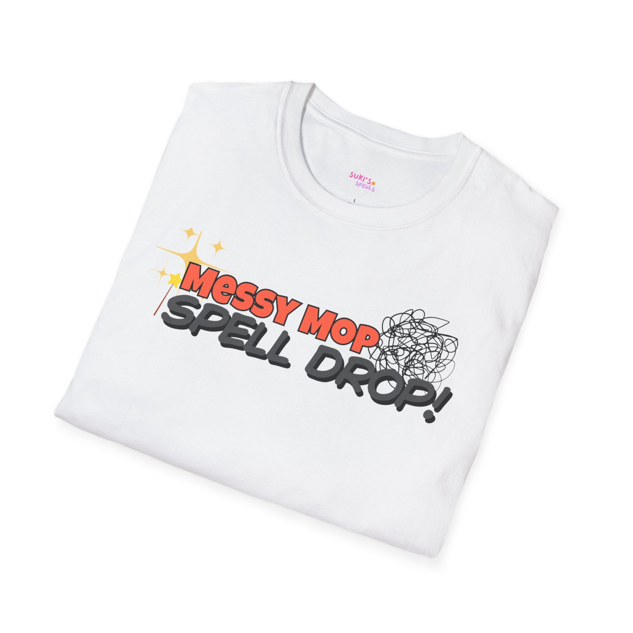 Messy Mop Spell Drop T-Shirt, Fun Graphic Tee, Casual Wear, Gift for Friends, Unique Summer Style, Everyday Comfort