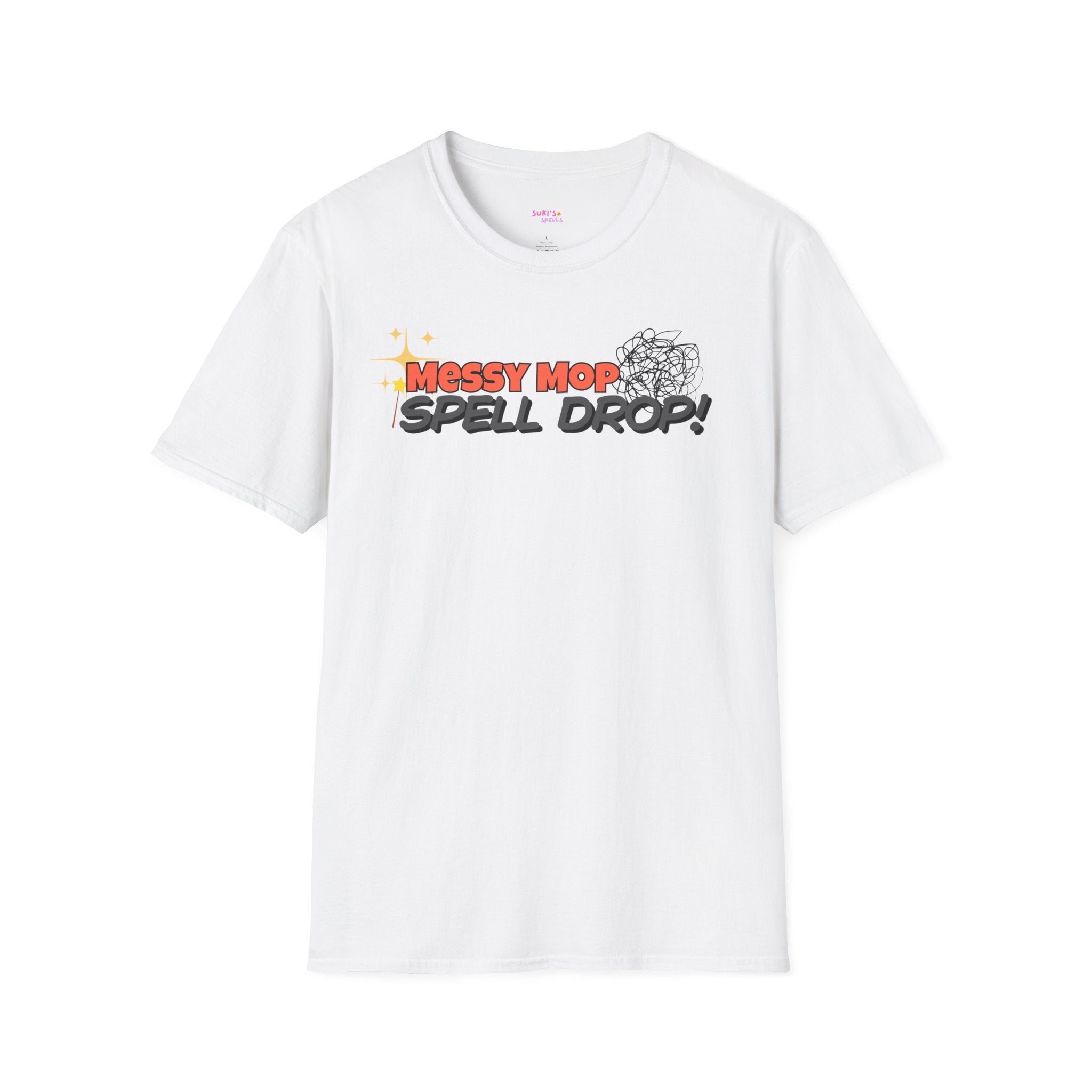 Messy Mop Spell Drop T-Shirt, Fun Graphic Tee, Casual Wear, Gift for Friends, Unique Summer Style, Everyday Comfort